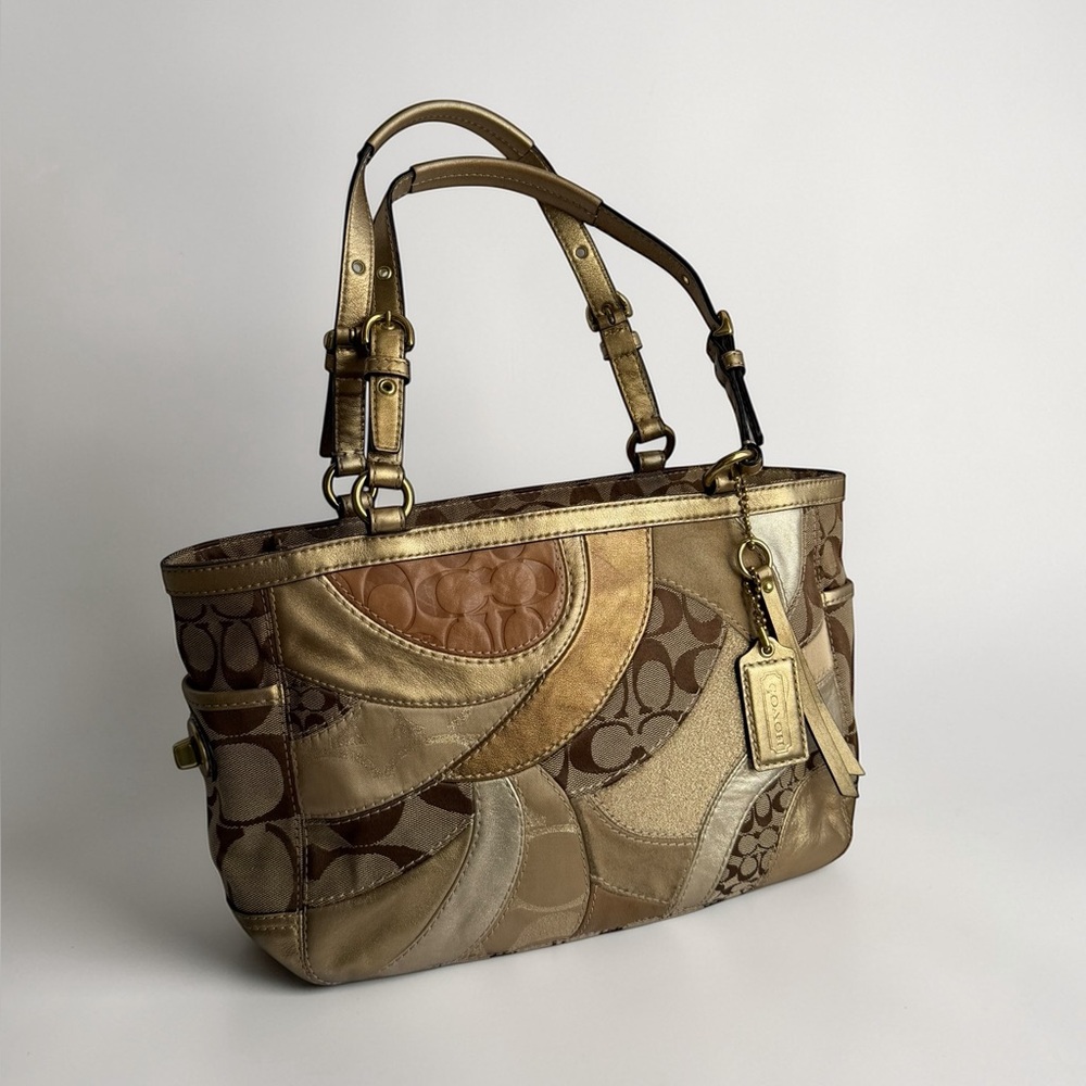 Coach Signature Patchwork Gallery Tote 12740 Metallic Gold Suede Canvas Y2K Bag